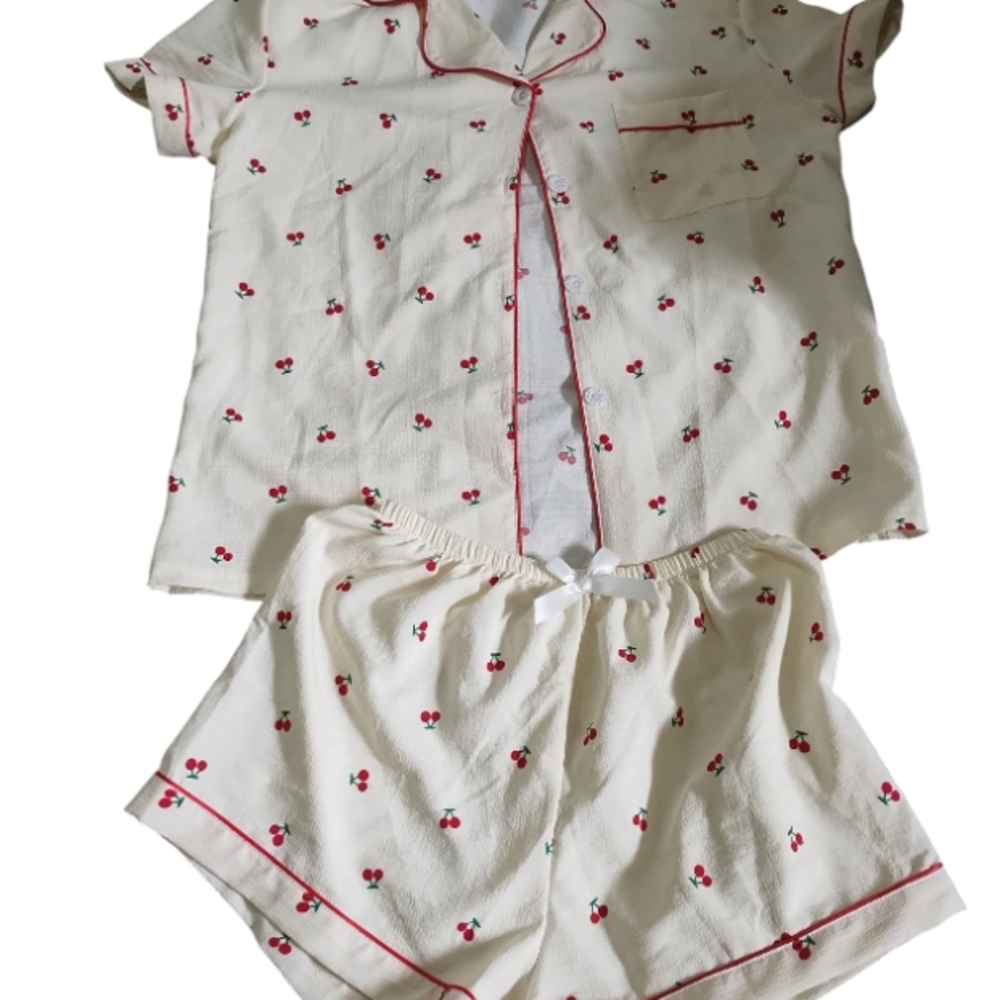 Cherry Print Kids Pajamas - Cream and Red